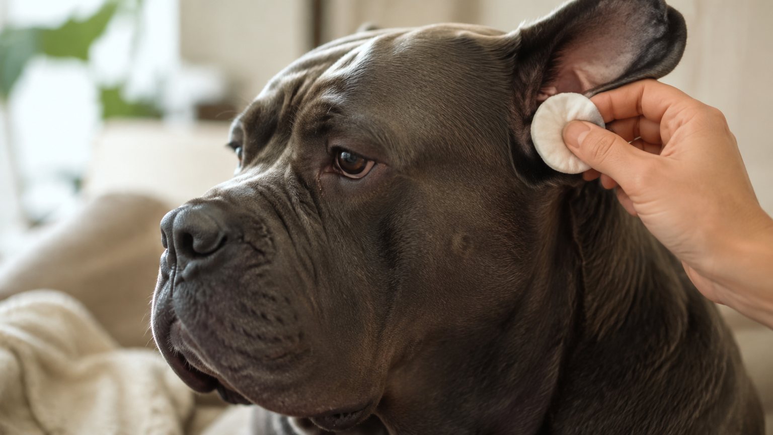 Nettoyage doux de l’oreille d’un Cane Corso avec une compresse propre