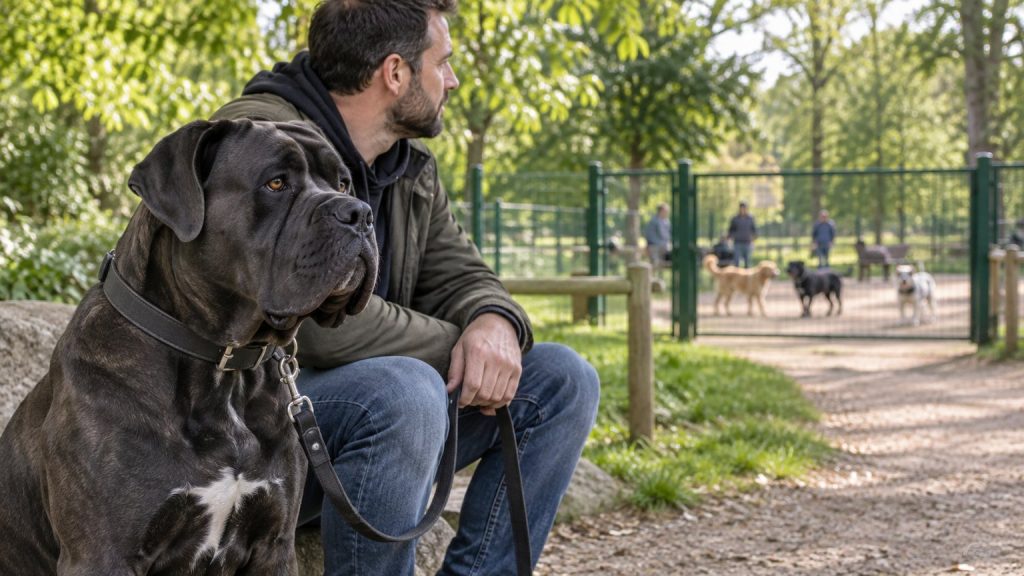 Cane Corso assis calmement avec son maître près d’un parc canin