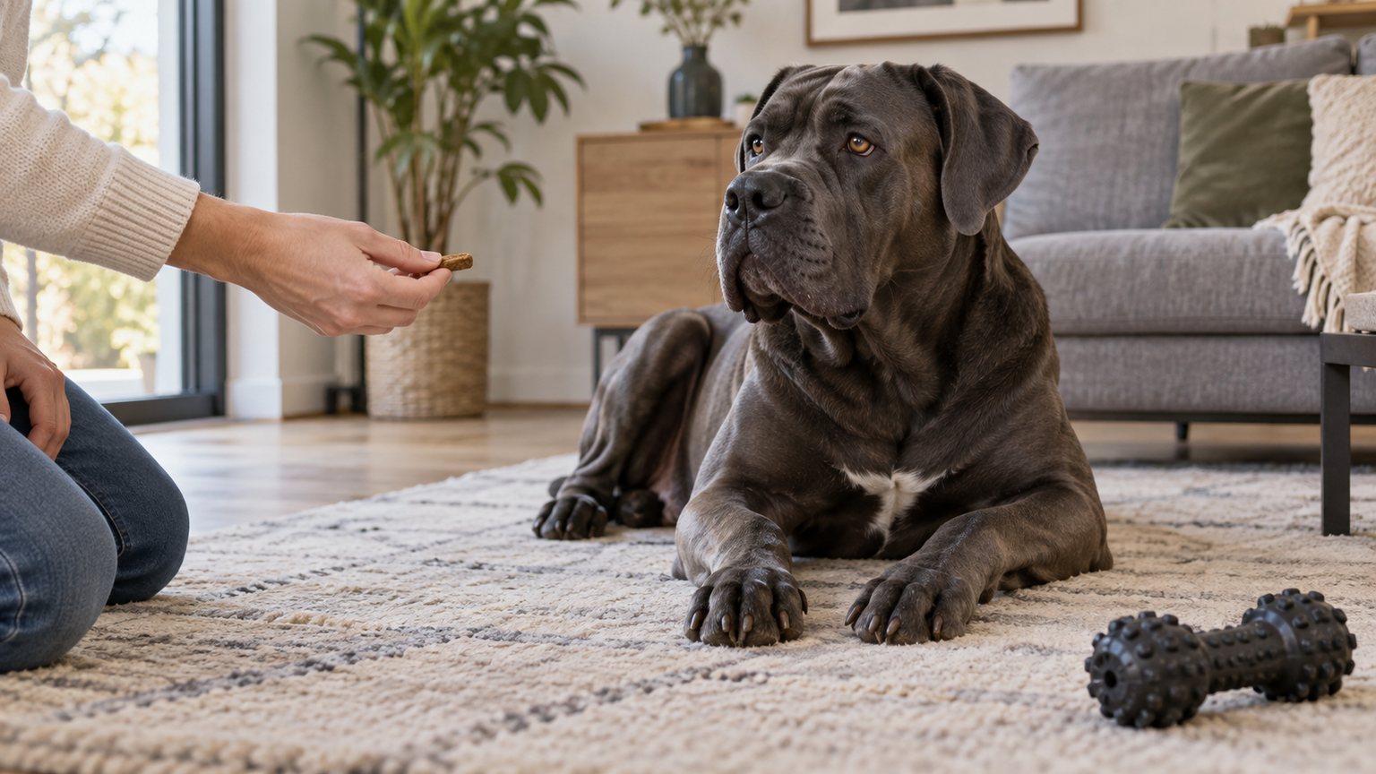 Cane Corso détendu pendant un exercice d’échange avec un jouet
