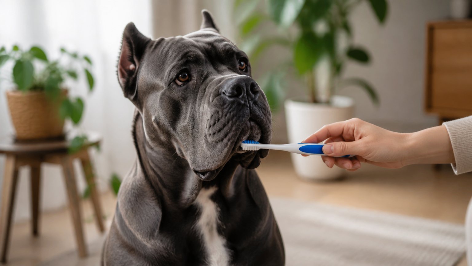 Cane Corso calme pendant un brossage des dents avec une brosse canine