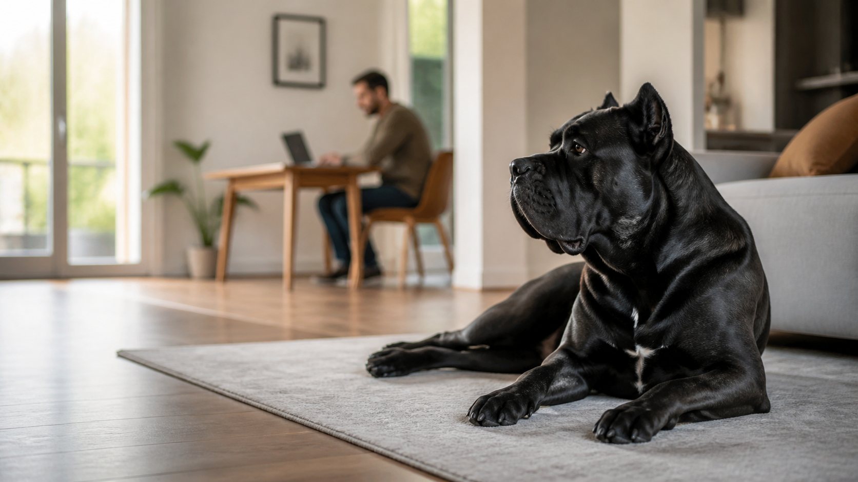 Cane Corso calme dans un salon pendant une journée de télétravail