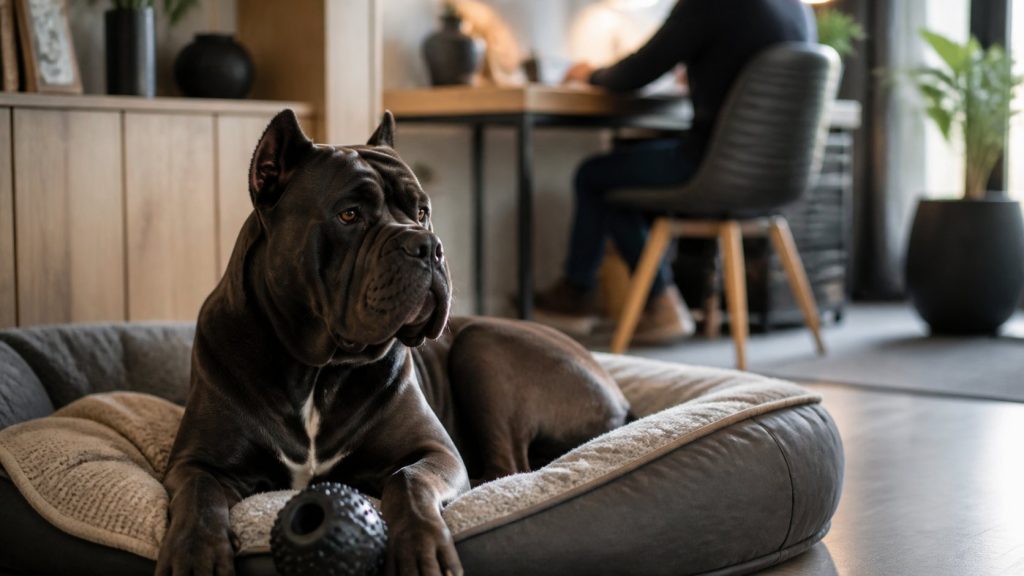 Cane Corso installé dans un espace calme avec un jouet d’occupation