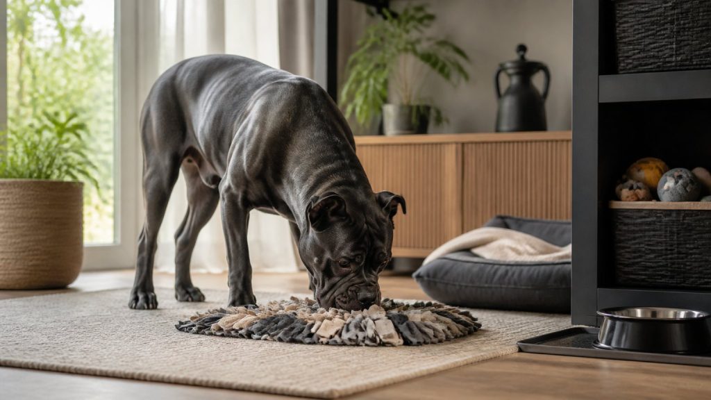 Cane Corso avec un jouet d’occupation dans un espace calme