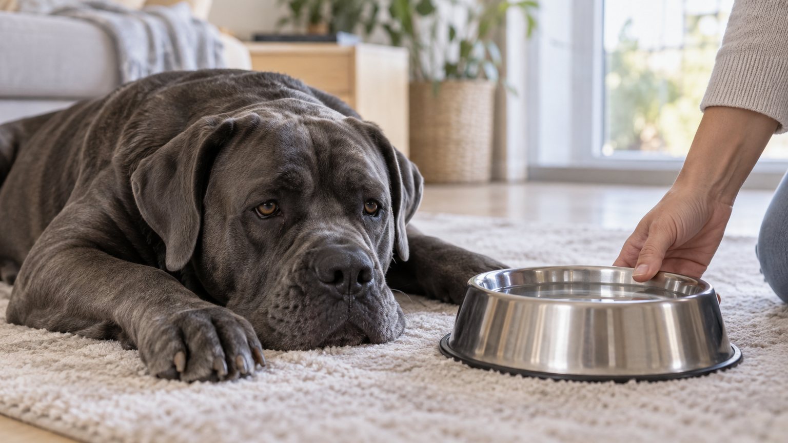 Cane Corso au repos avec une gamelle d’eau à proximité