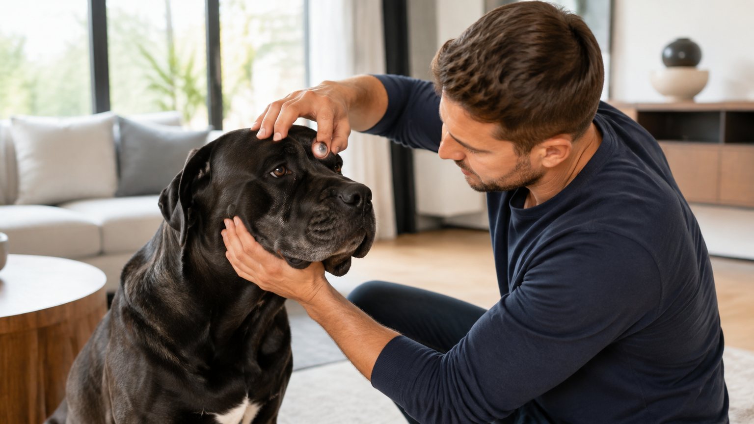 Propriétaire surveillant les yeux de son Cane Corso