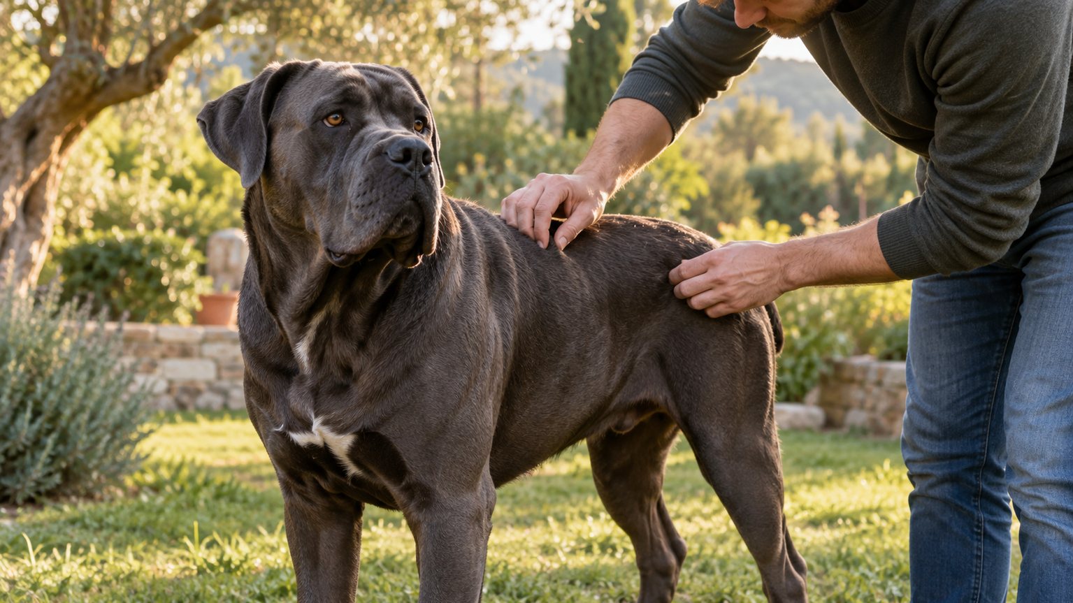 Cane Corso inspecté après une promenade pour prévenir tiques et puces
