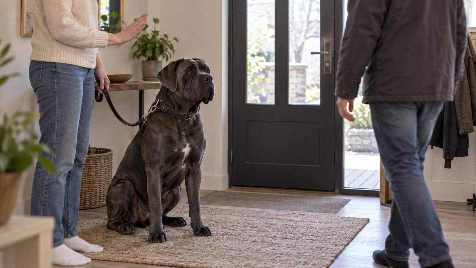 Cane Corso assis en laisse pendant un exercice avec un visiteur