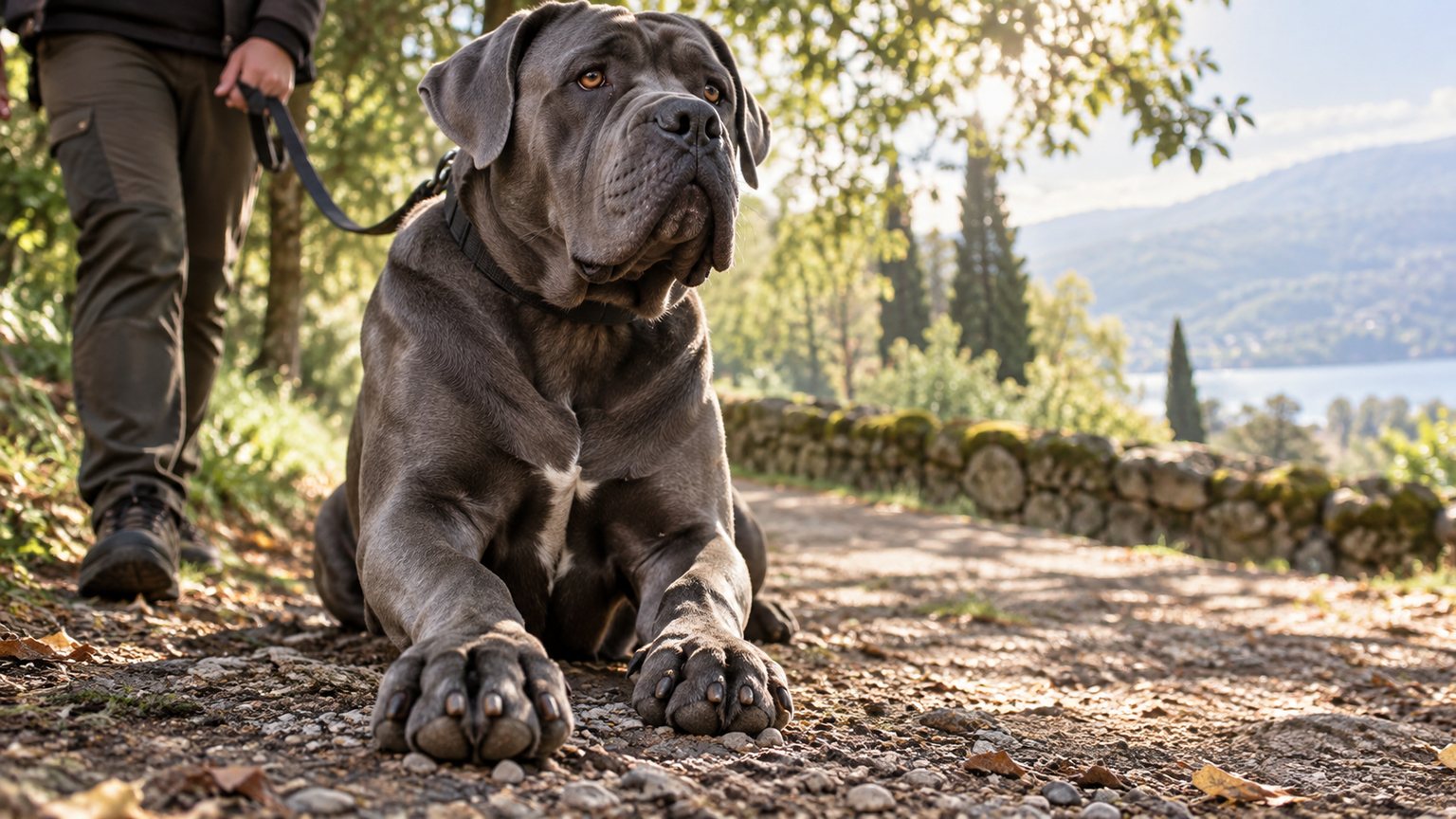 Cane Corso observé pendant une promenade pour surveiller ses coussinets