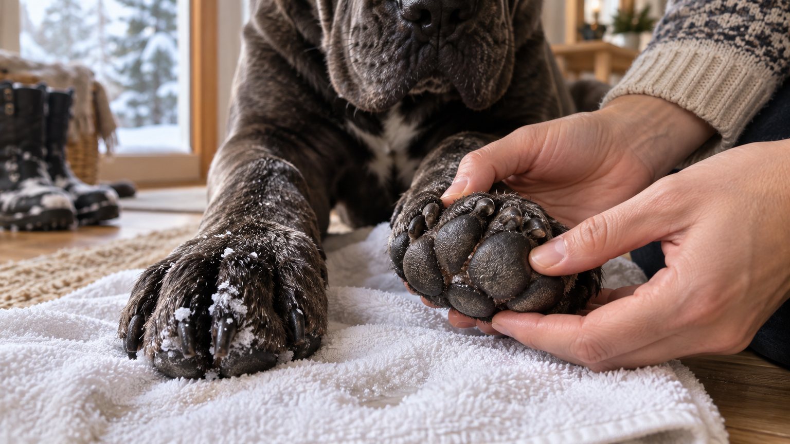 Inspection douce des coussinets d’un Cane Corso après une promenade