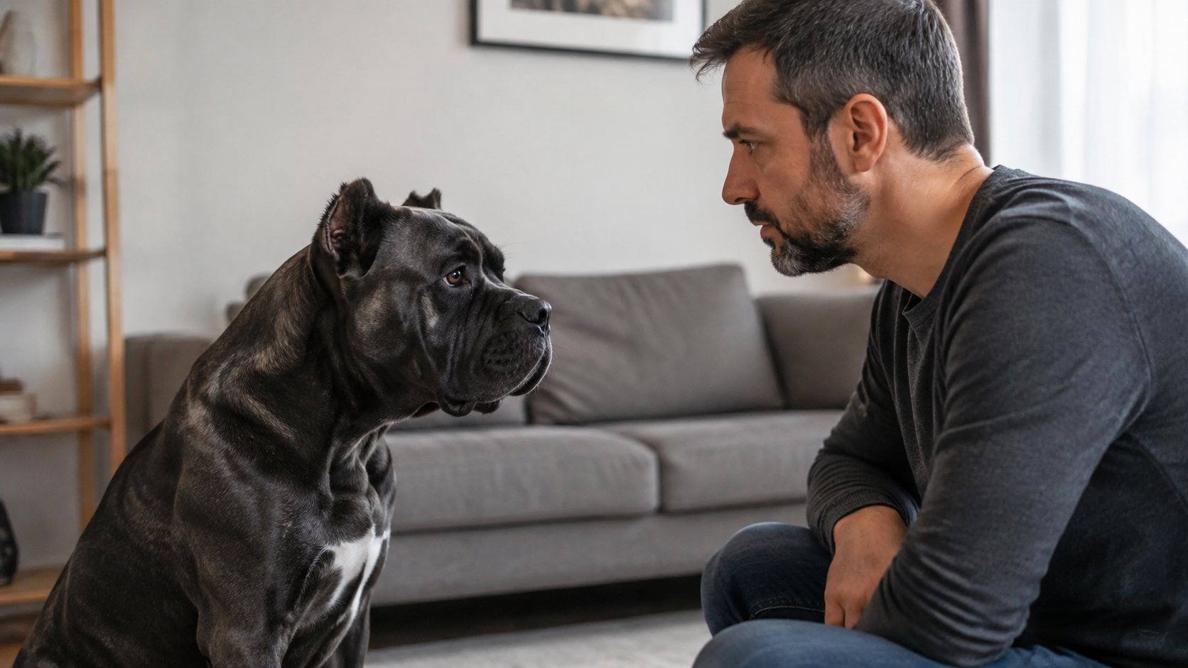 Jeune Cane Corso à masque noir observé calmement à la maison