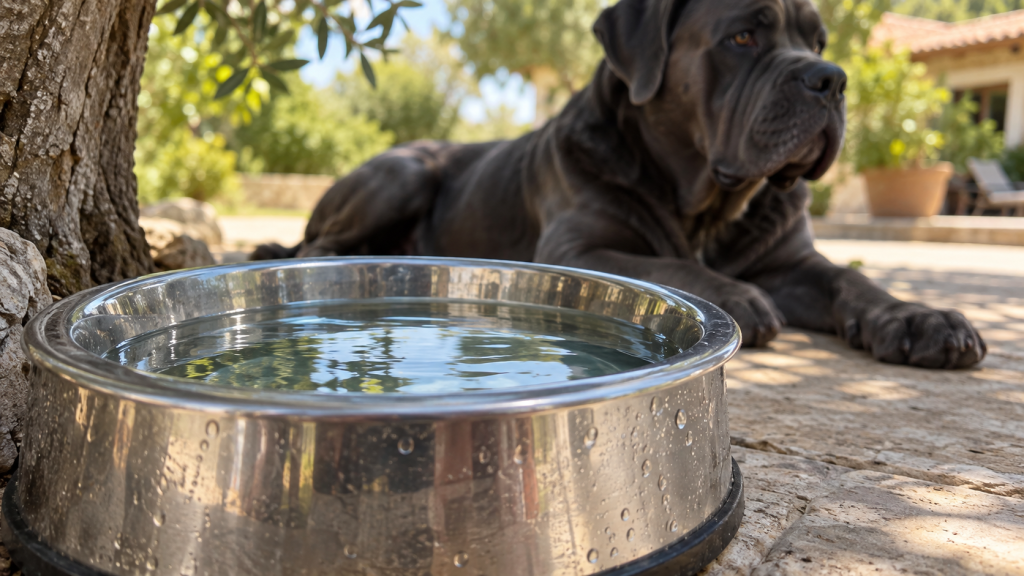 Gamelle d’eau fraîche placée à l’ombre pour limiter la déshydratation du Cane Corso