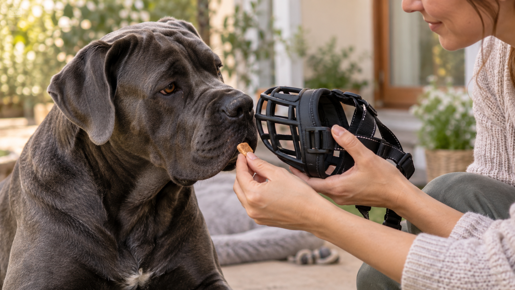 Habituation progressive d’un Cane Corso à une muselière panier avec friandise