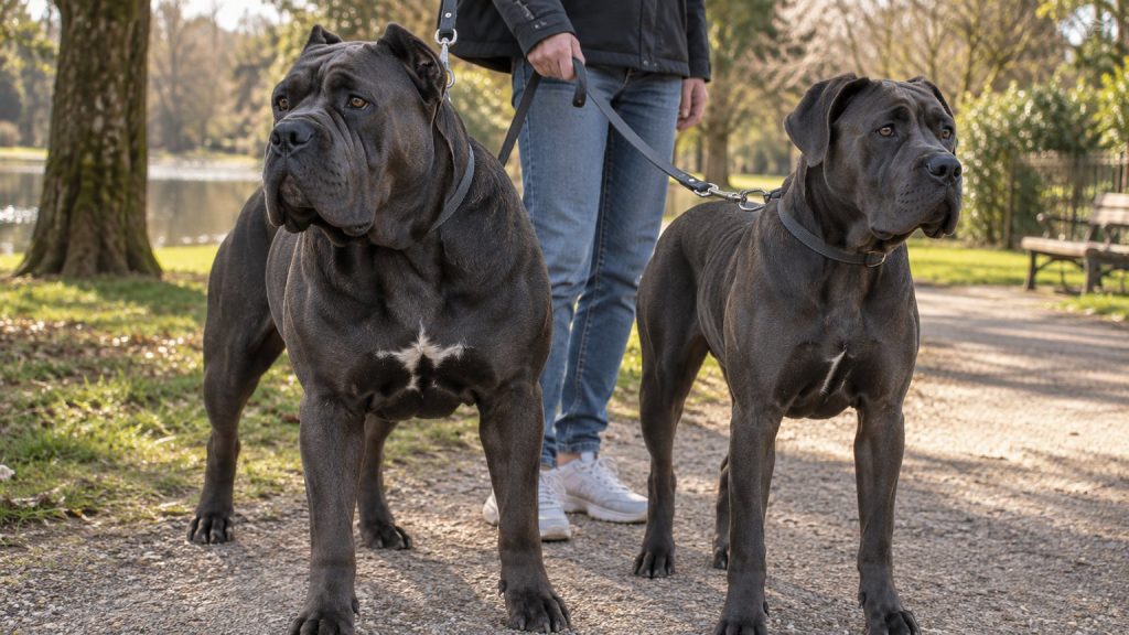 Deux Cane Corso calmes tenus en laisse dans un parc