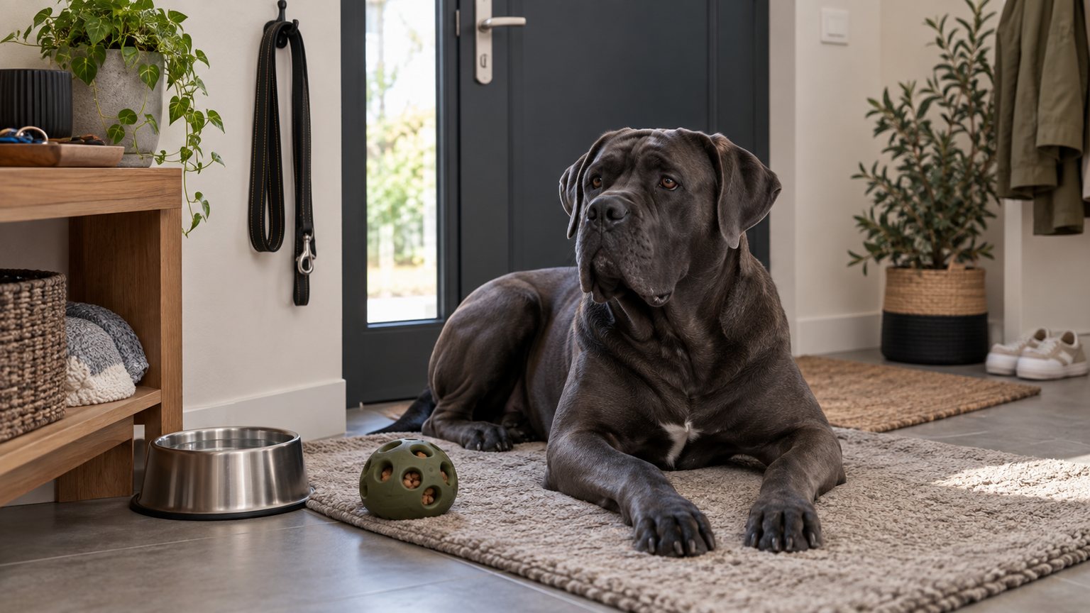 Cane Corso près de la porte avec gamelle d’eau et jouet d’occupation avant une absence