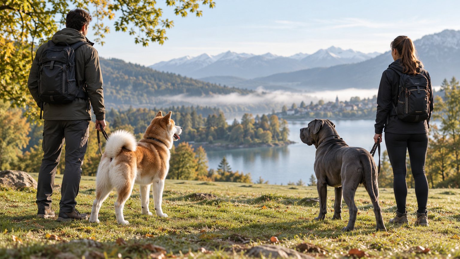 Akita Inu et Cane Corso tenus en laisse dans un parc