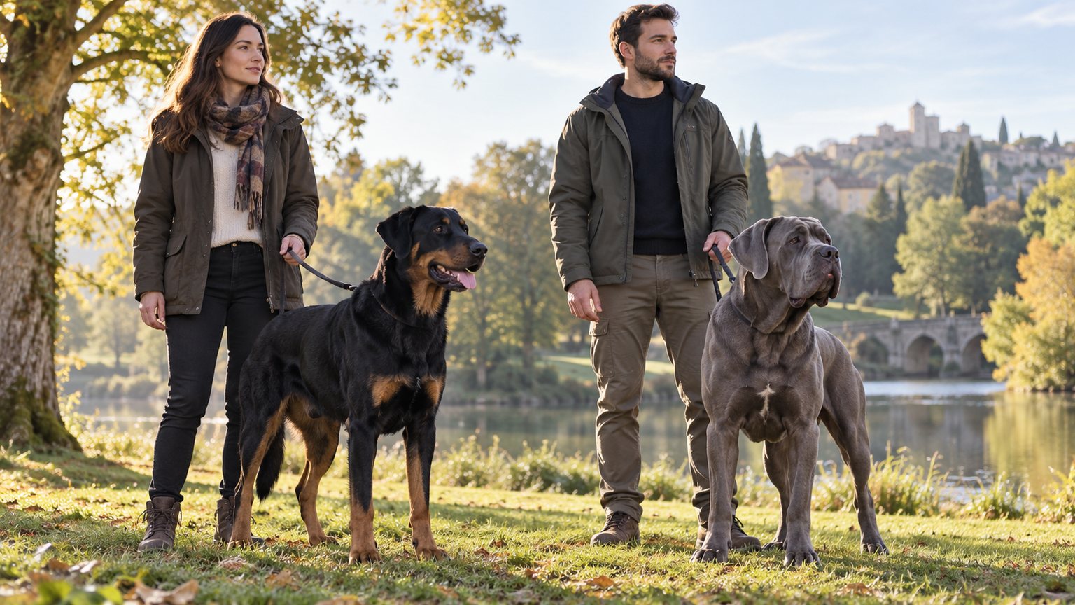 Un Beauceron et un Cane Corso accompagnés de leurs propriétaires