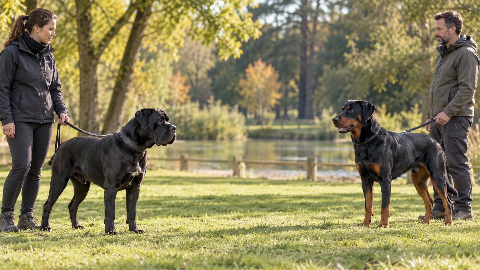 Séance de socialisation calme entre un Cane Corso et un Beauceron