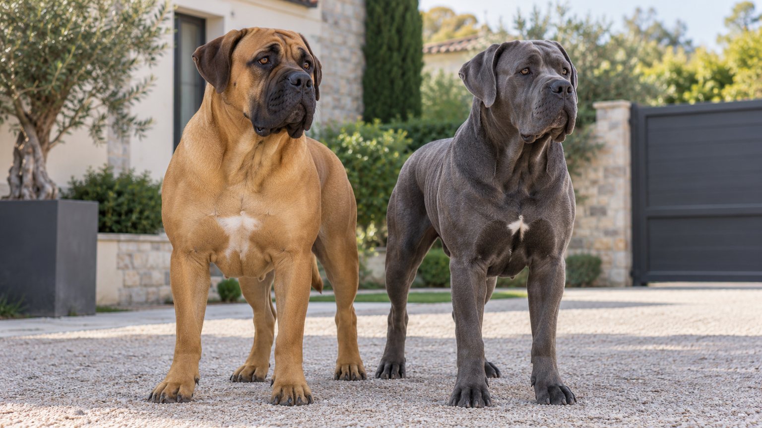 Un Boerboel fauve et un Cane Corso gris côte à côte