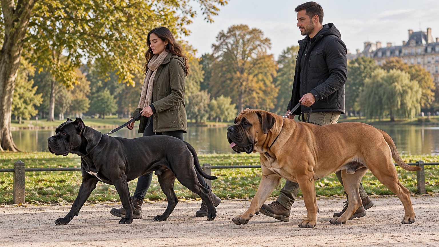 Un Boerboel et un Cane Corso promenés calmement en laisse
