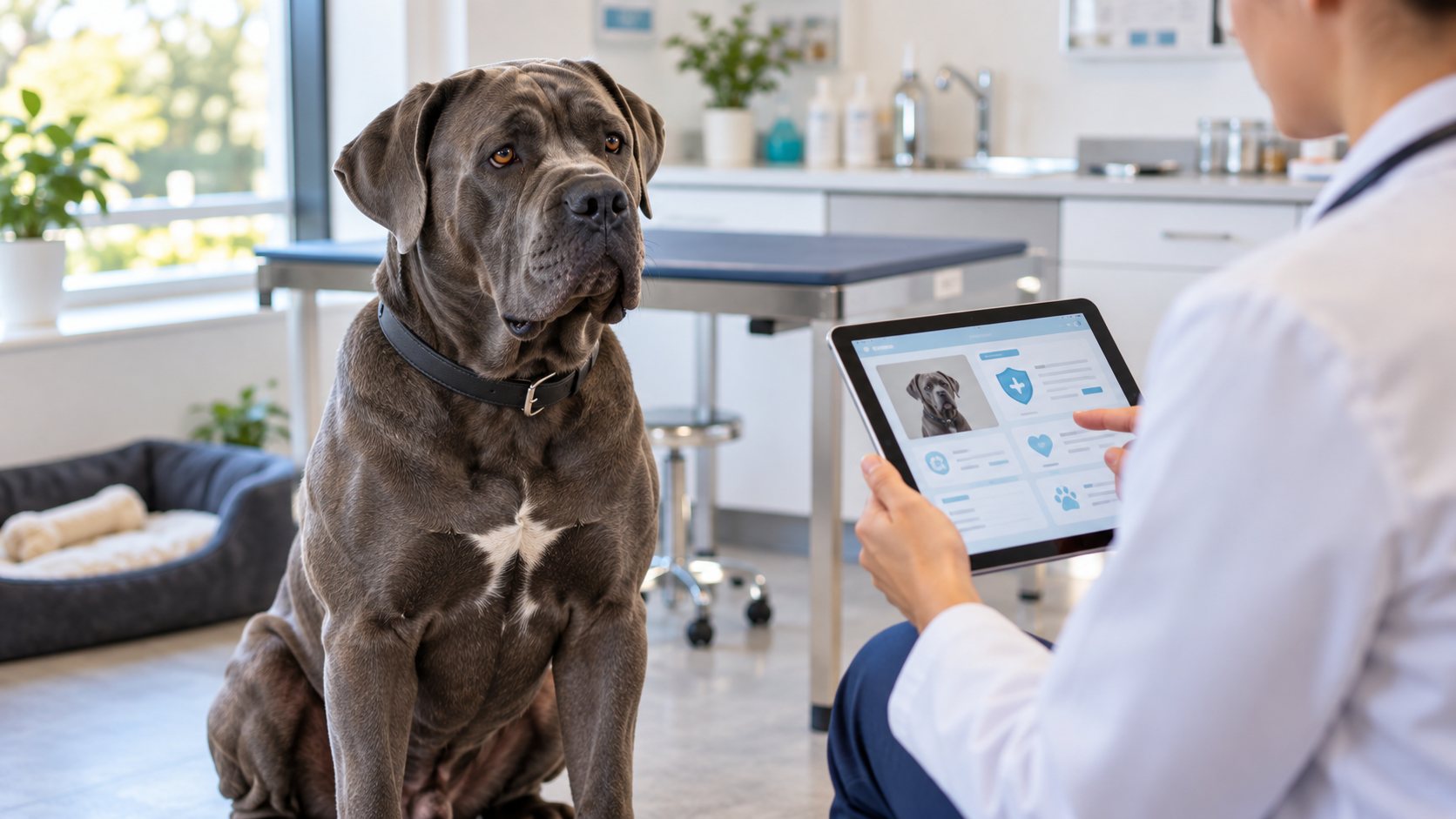 Cane Corso calme chez le vétérinaire pour comparer une assurance santé chien