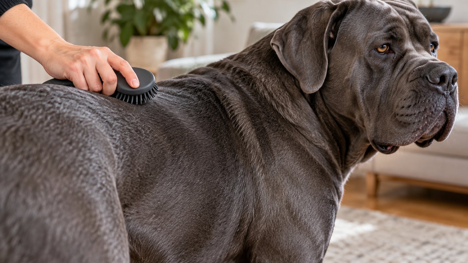 Brossage doux du poil court d’un Cane Corso avec une brosse souple