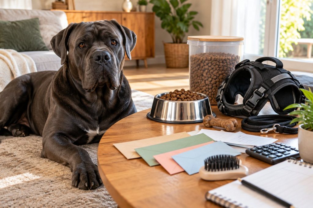 Préparation du budget mensuel pour un Cane Corso avec gamelle et équipement