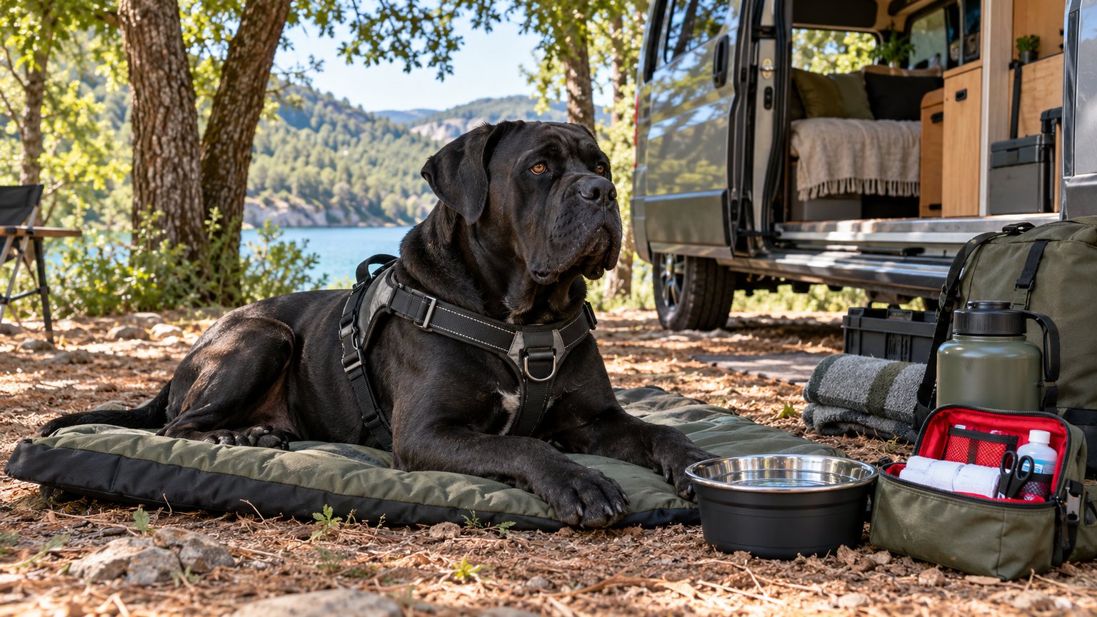 Cane Corso équipé d’un harnais près de son couchage, de sa gamelle d’eau et d’une trousse de premiers soins au camping