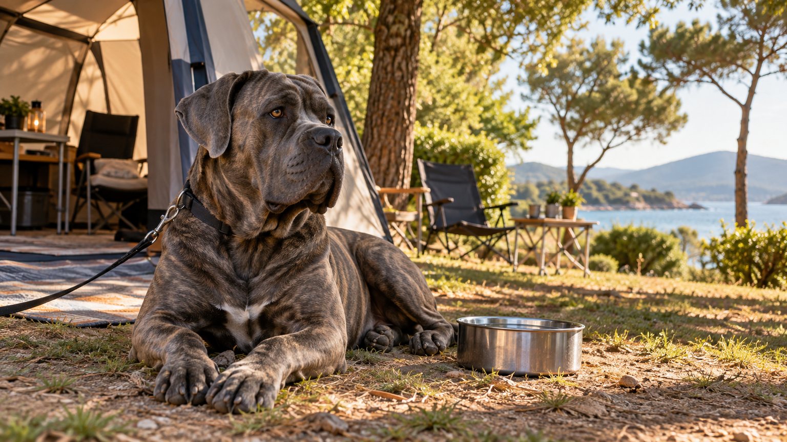Cane Corso calme couché à l’ombre devant une tente de camping avec une gamelle d’eau