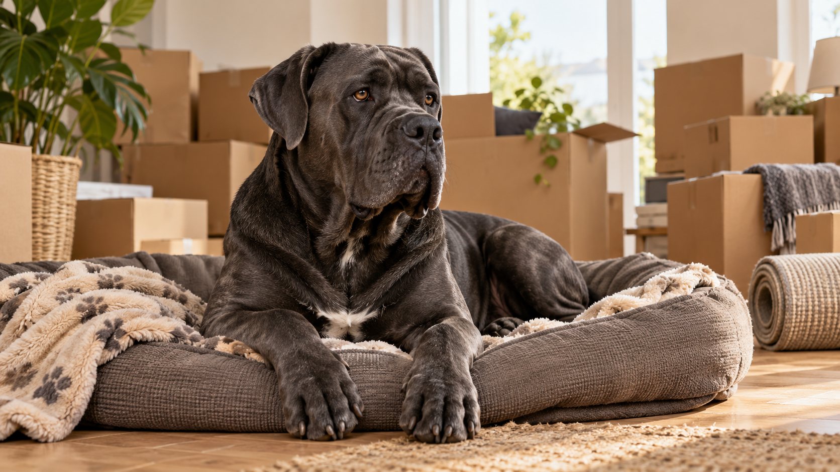 Cane Corso couché dans son panier au milieu de cartons de déménagement