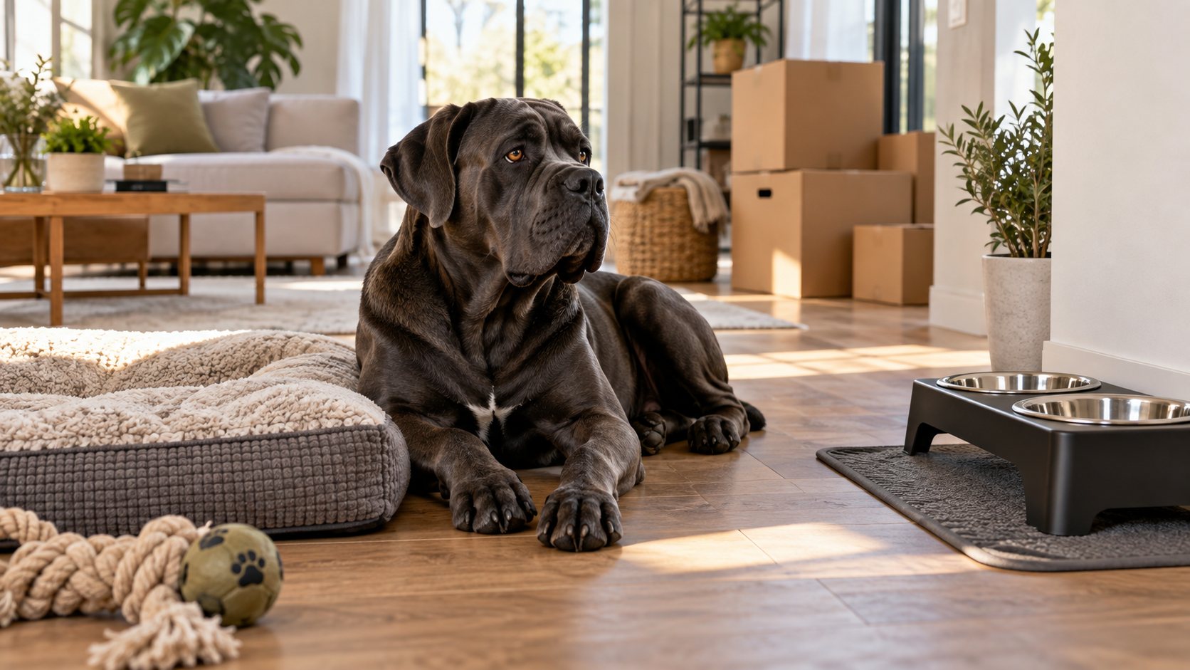 Cane Corso installé près de son couchage et de ses gamelles dans un nouveau logement