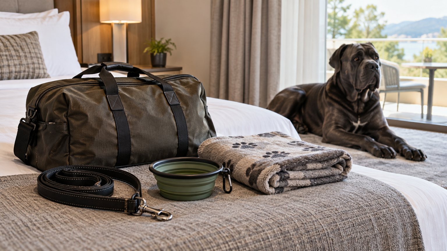 Matériel préparé pour un séjour à l’hôtel avec un Cane Corso