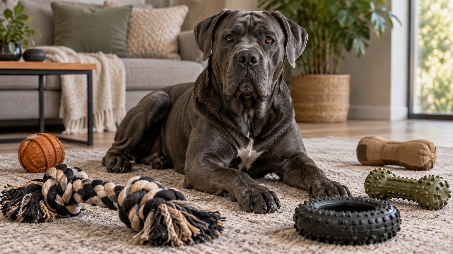Cane Corso couché avec des jouets solides adaptés aux grands chiens