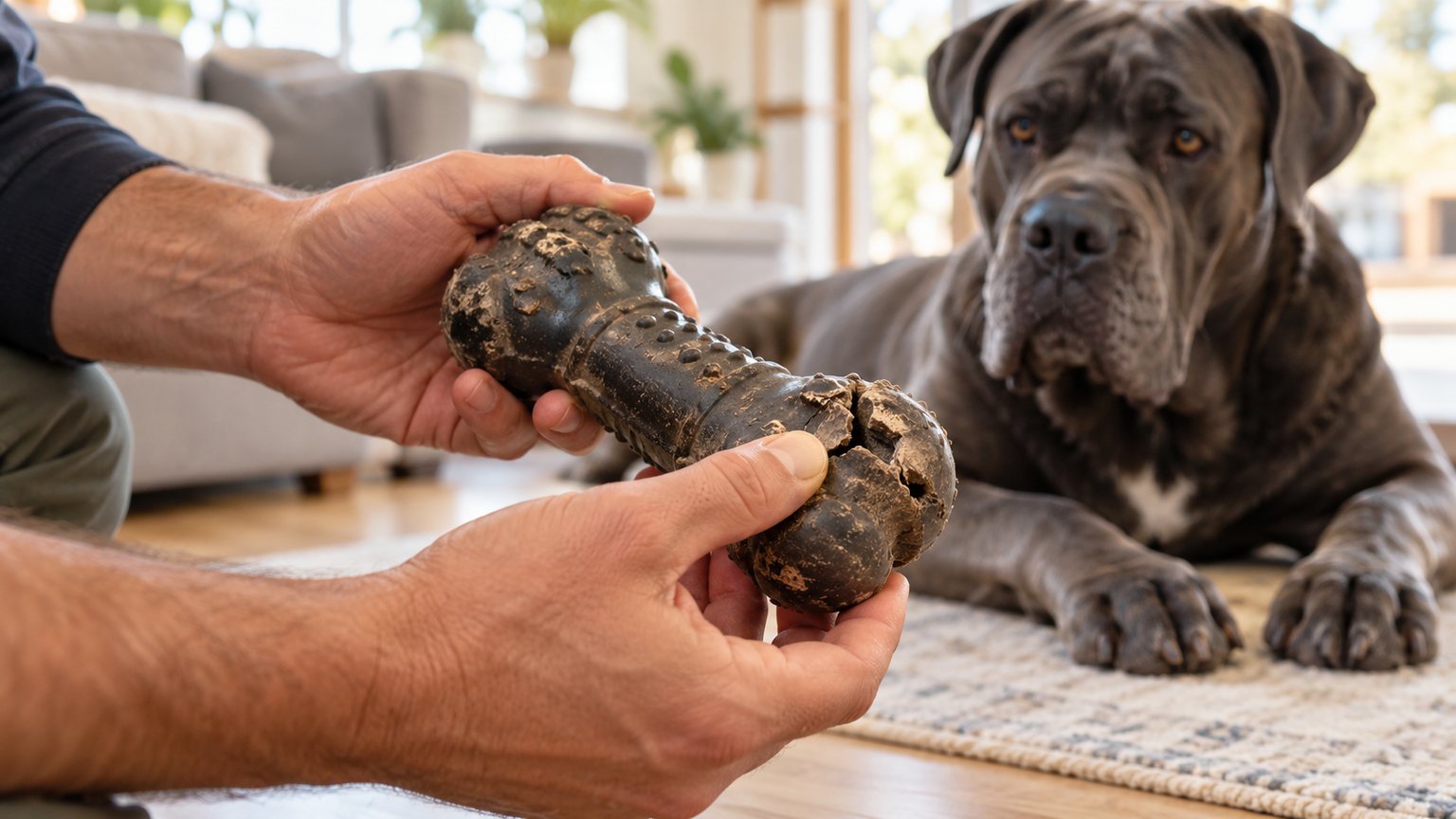 Inspection d’un jouet à mâcher abîmé pour grand chien
