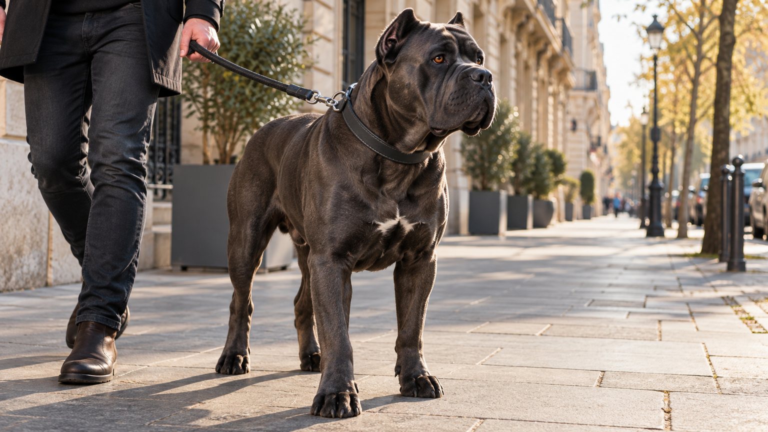 Cane Corso calme tenu en laisse courte sur un trottoir urbain