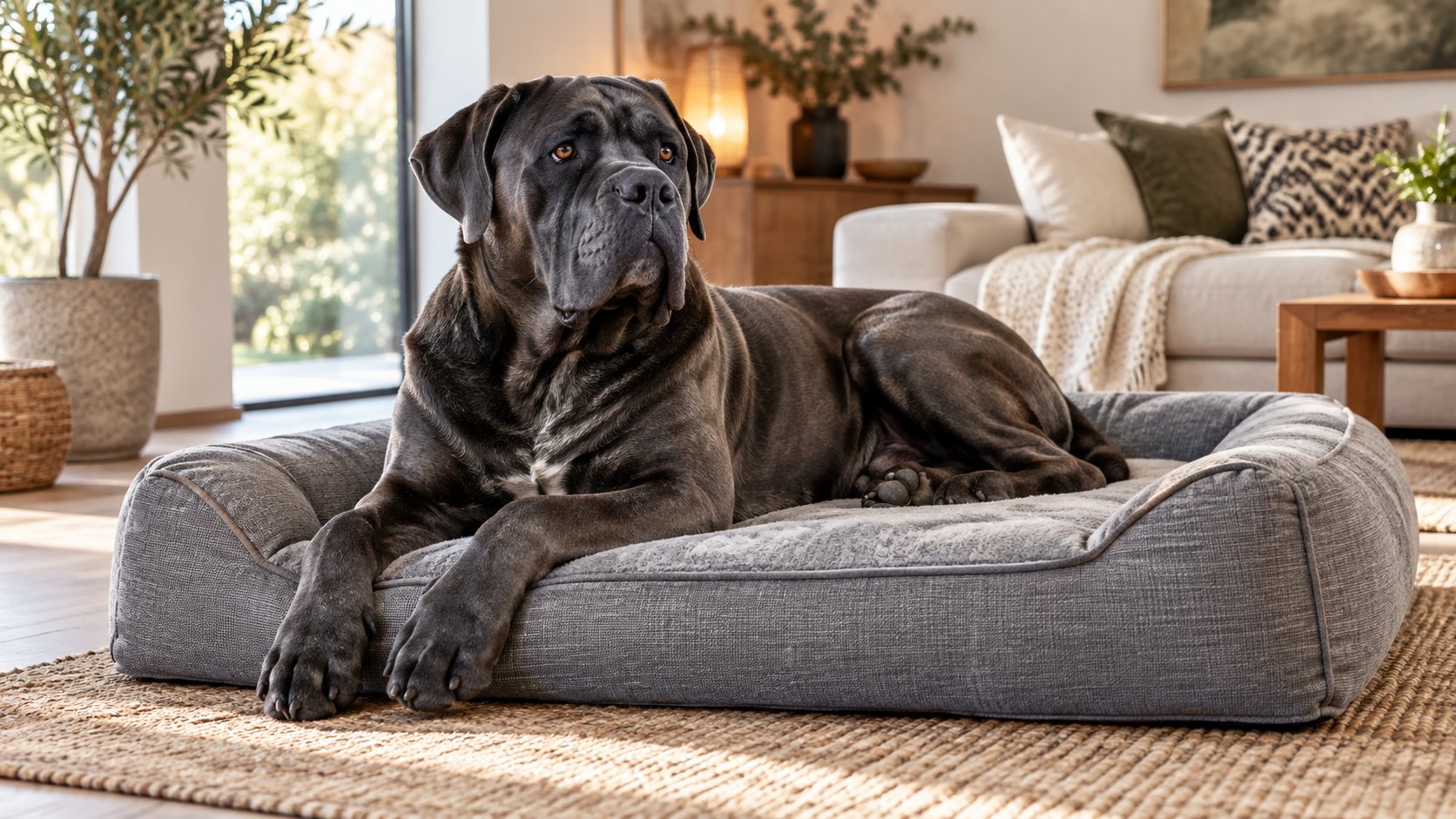 Cane Corso adulte couché dans un grand panier gris adapté à sa taille