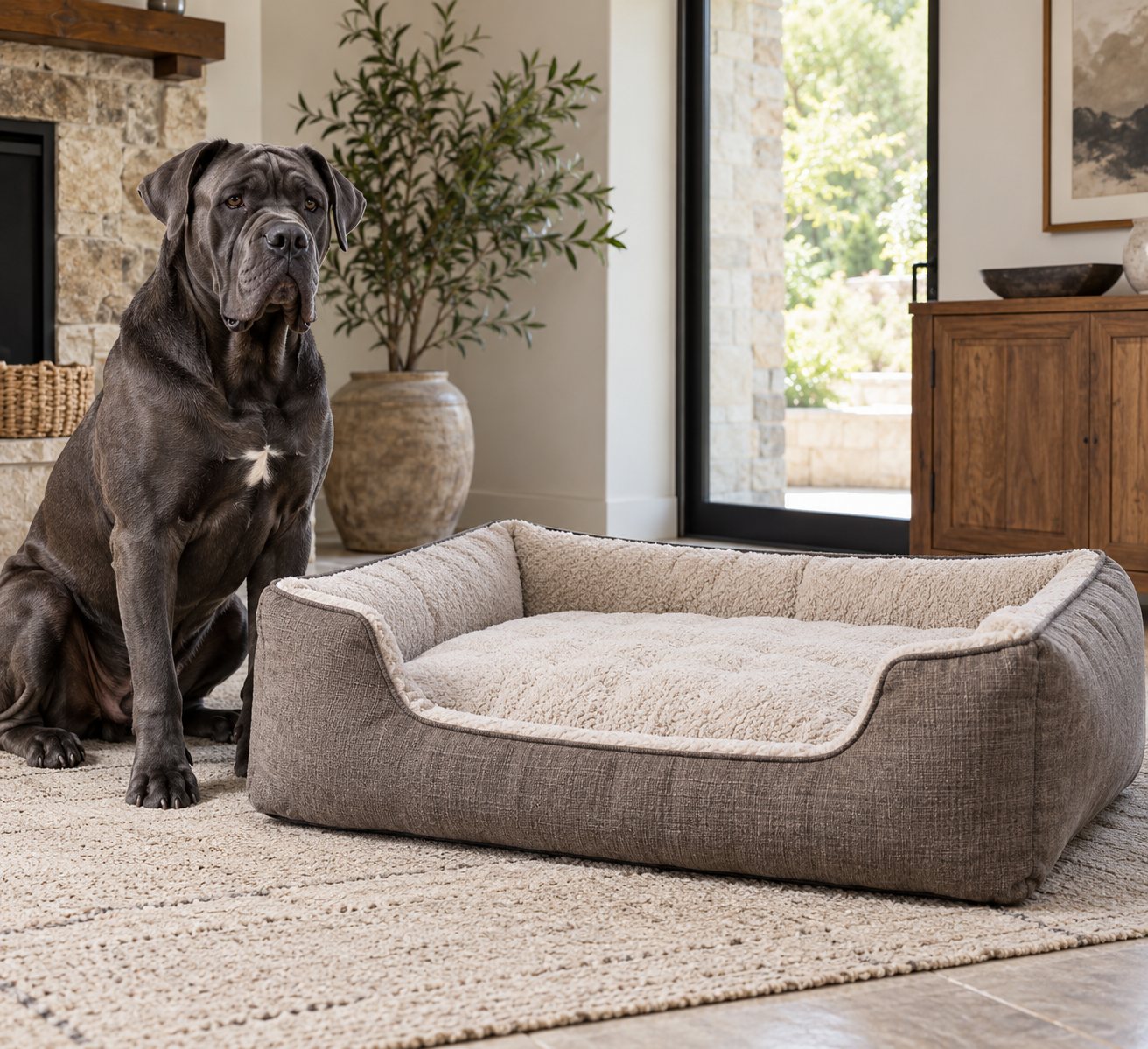 Grand panier épais placé dans un salon avec un Cane Corso à côté