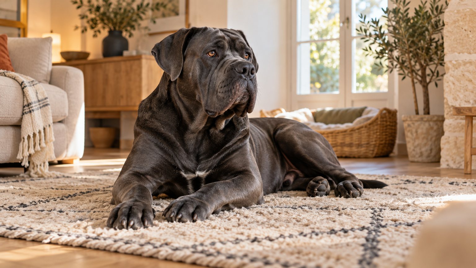 Cane Corso calme dans le coin repos d’une petite maison
