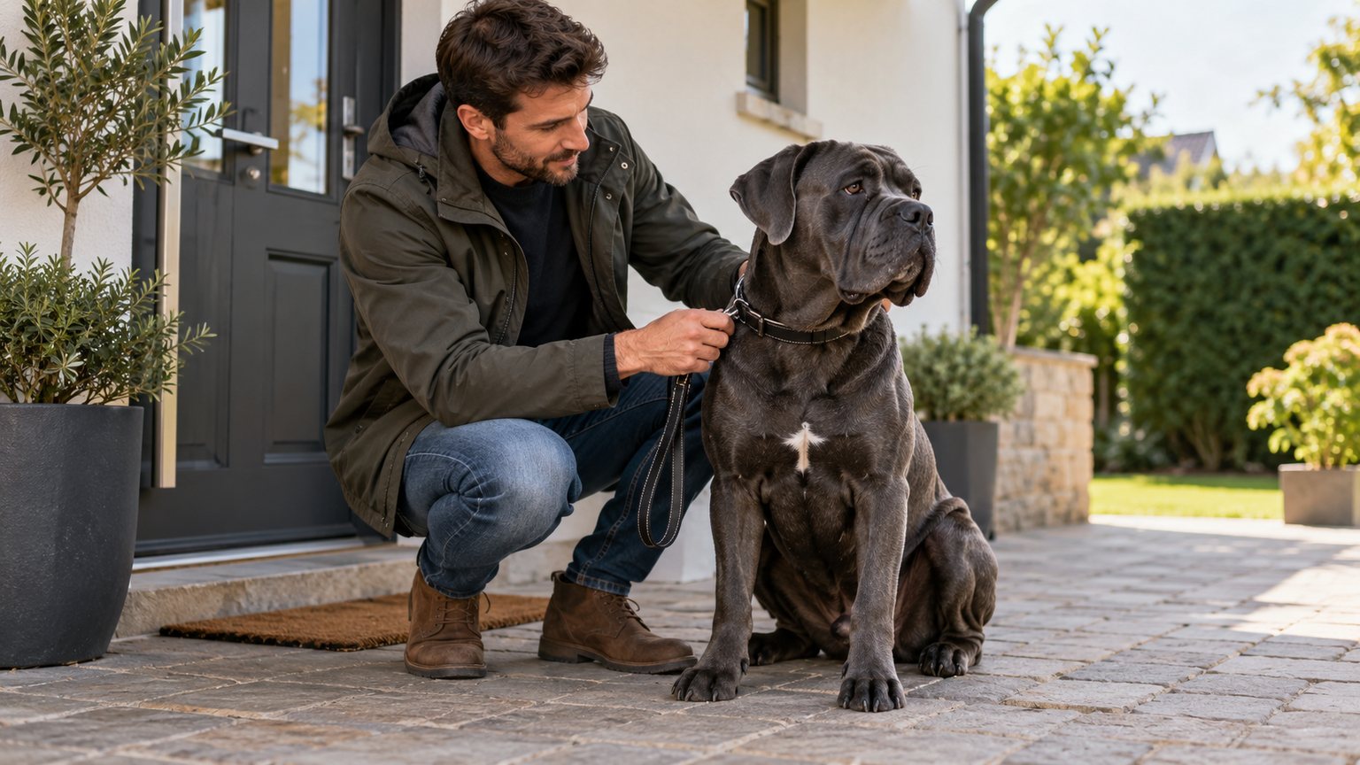Cane Corso prêt pour une promenade depuis une petite maison