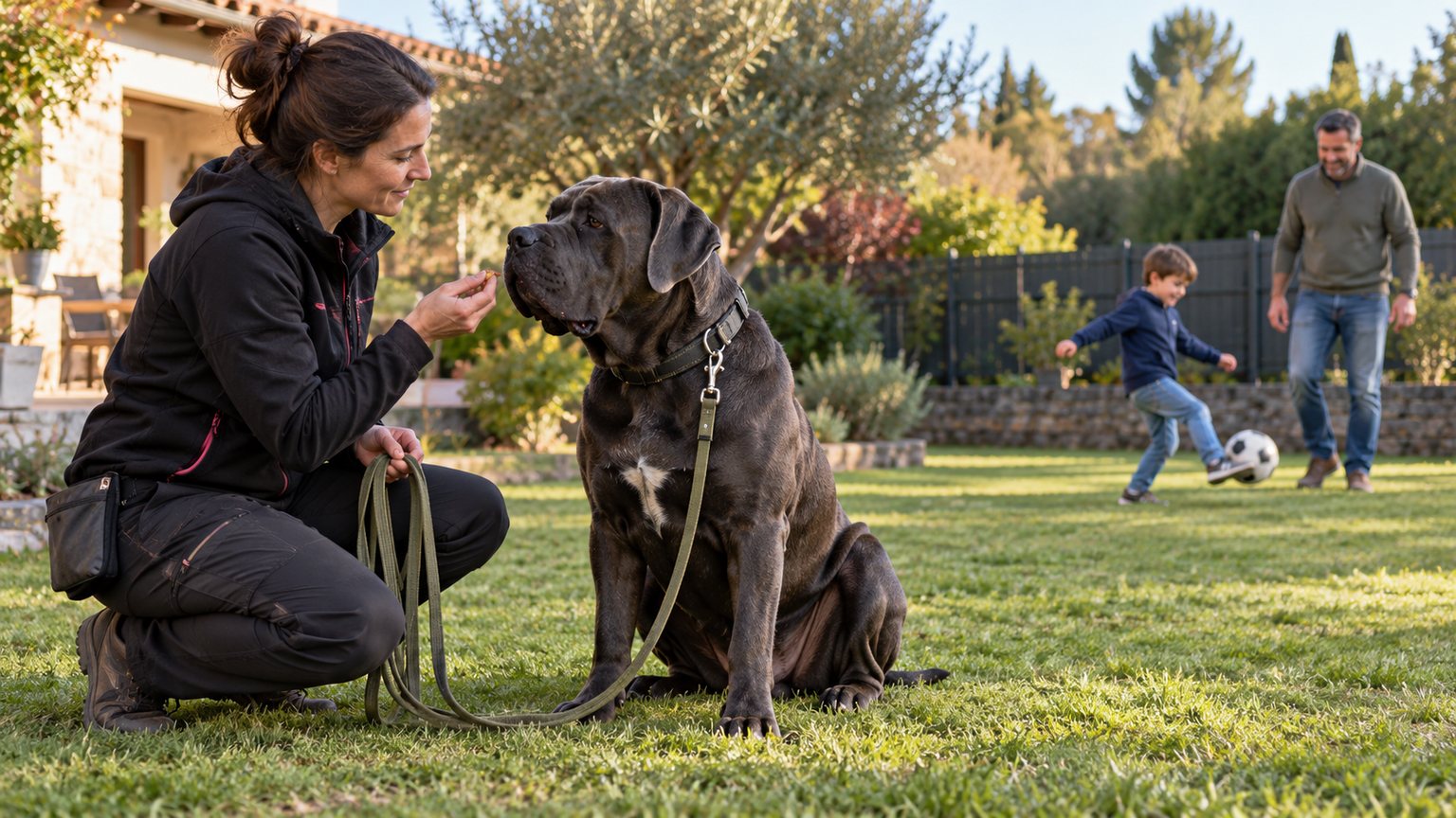 Éducatrice récompensant un Cane Corso calme pendant qu’un enfant joue plus loin