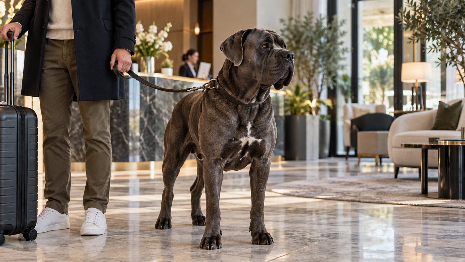 Cane Corso calme tenu en laisse dans le hall d’un hôtel dog-friendly