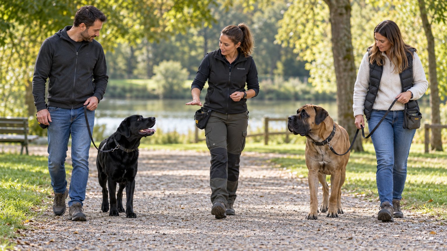 Travail en laisse avec un Labrador et un Cane Corso