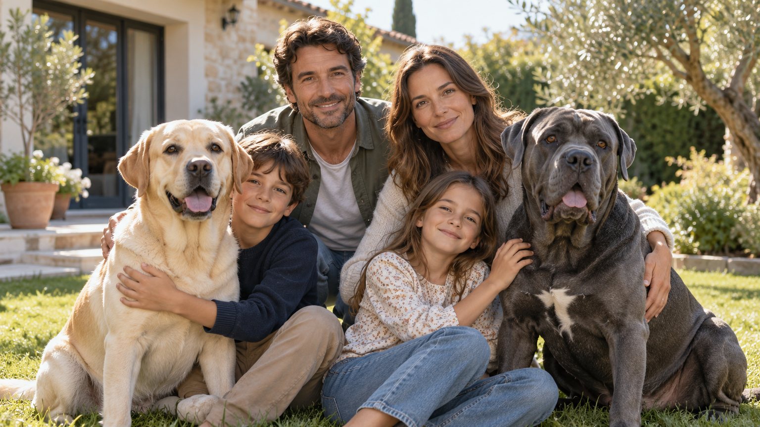 Un Labrador et un Cane Corso calmes avec une famille
