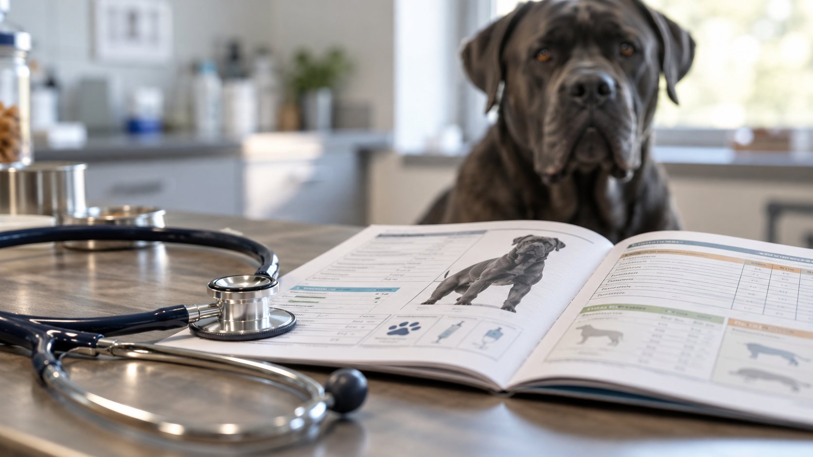 Carnet de santé et stéthoscope pour comparer les garanties vétérinaires d’un Cane Corso