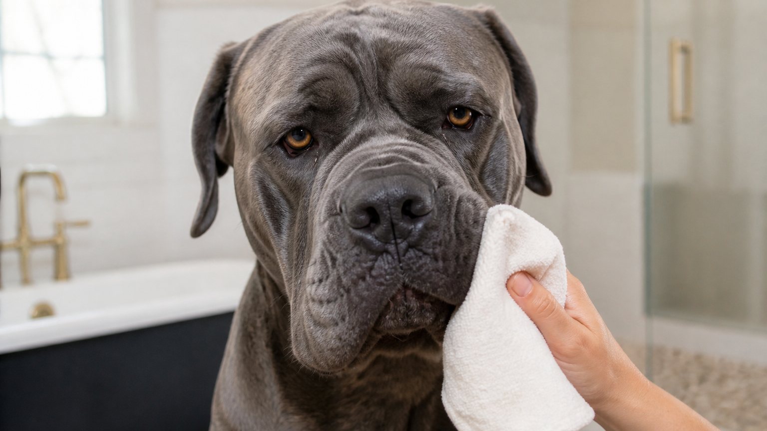 Nettoyage doux des babines d’un Cane Corso avec un linge propre
