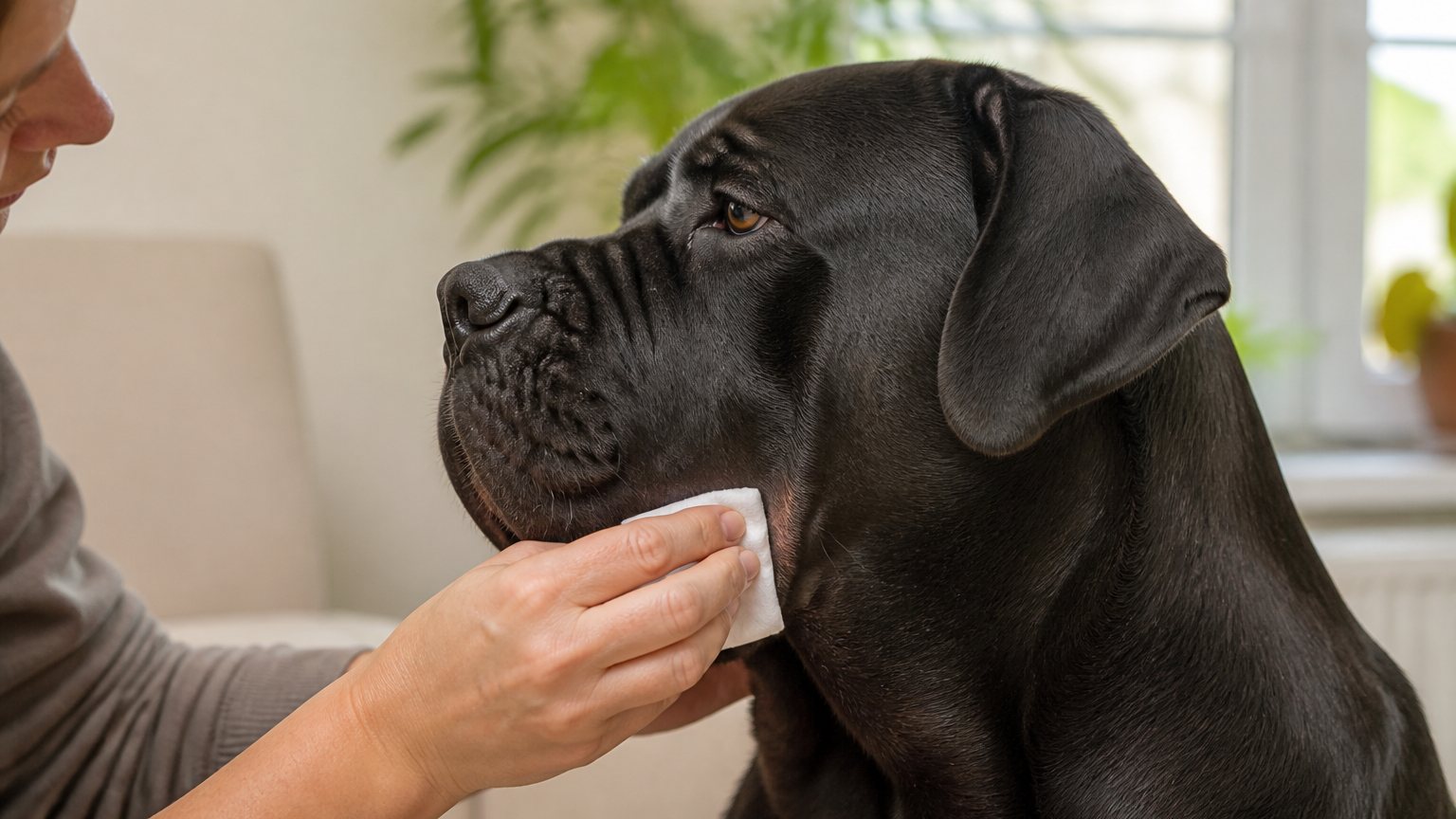 Propriétaire nettoyant délicatement les babines d’un Cane Corso