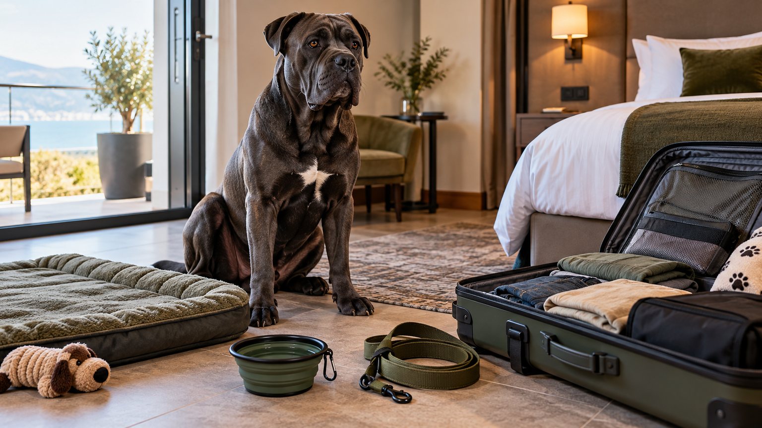 Équipement à préparer pour un séjour à l’hôtel avec un Cane Corso