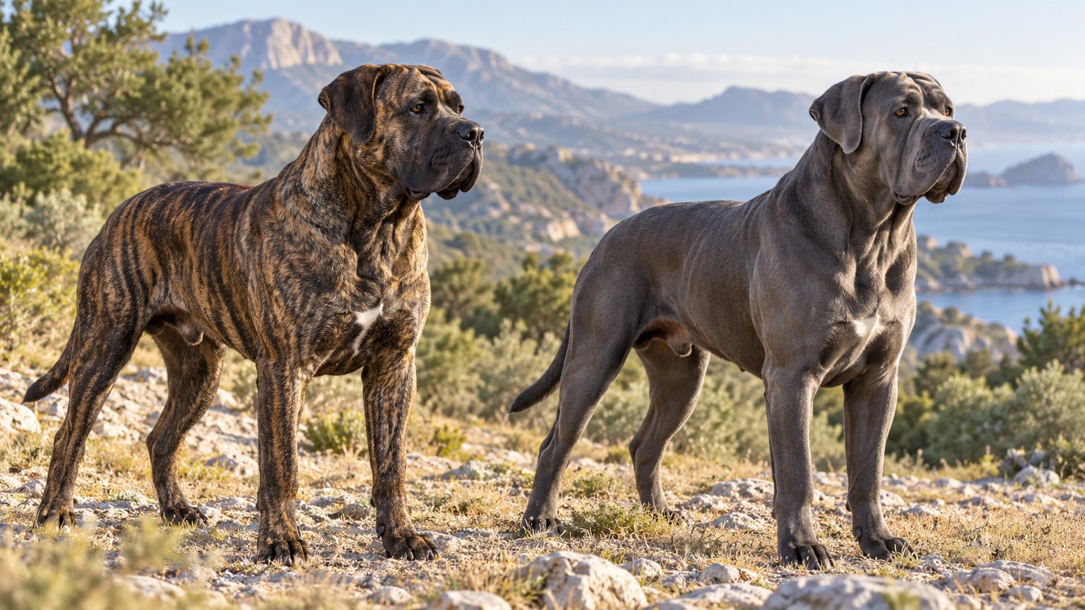 Presa Canario bringé et Cane Corso gris côte à côte
