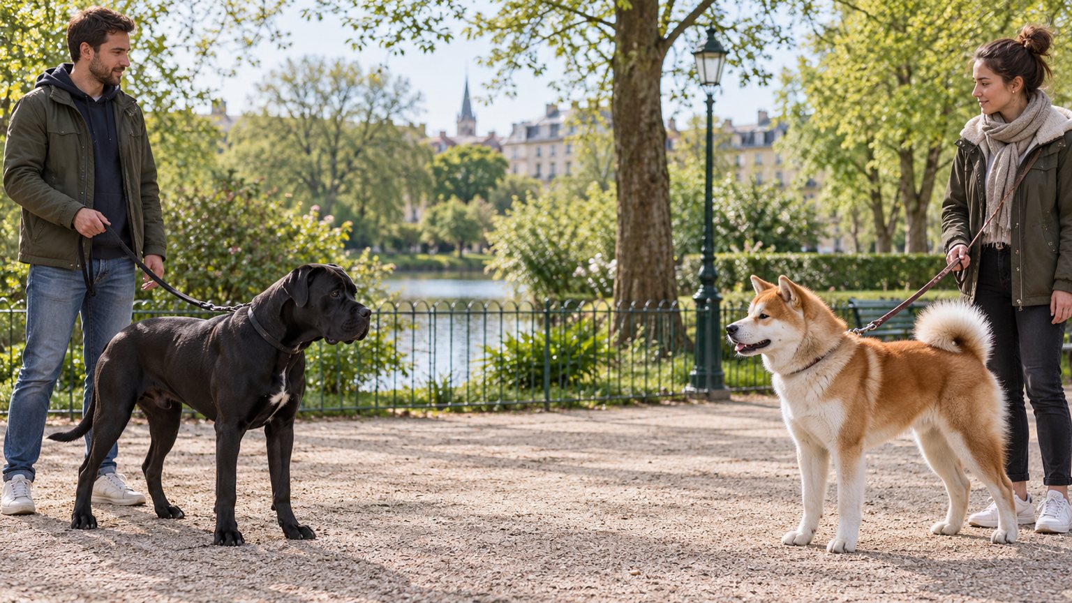 Akita Inu et Cane Corso se rencontrant à distance en laisse