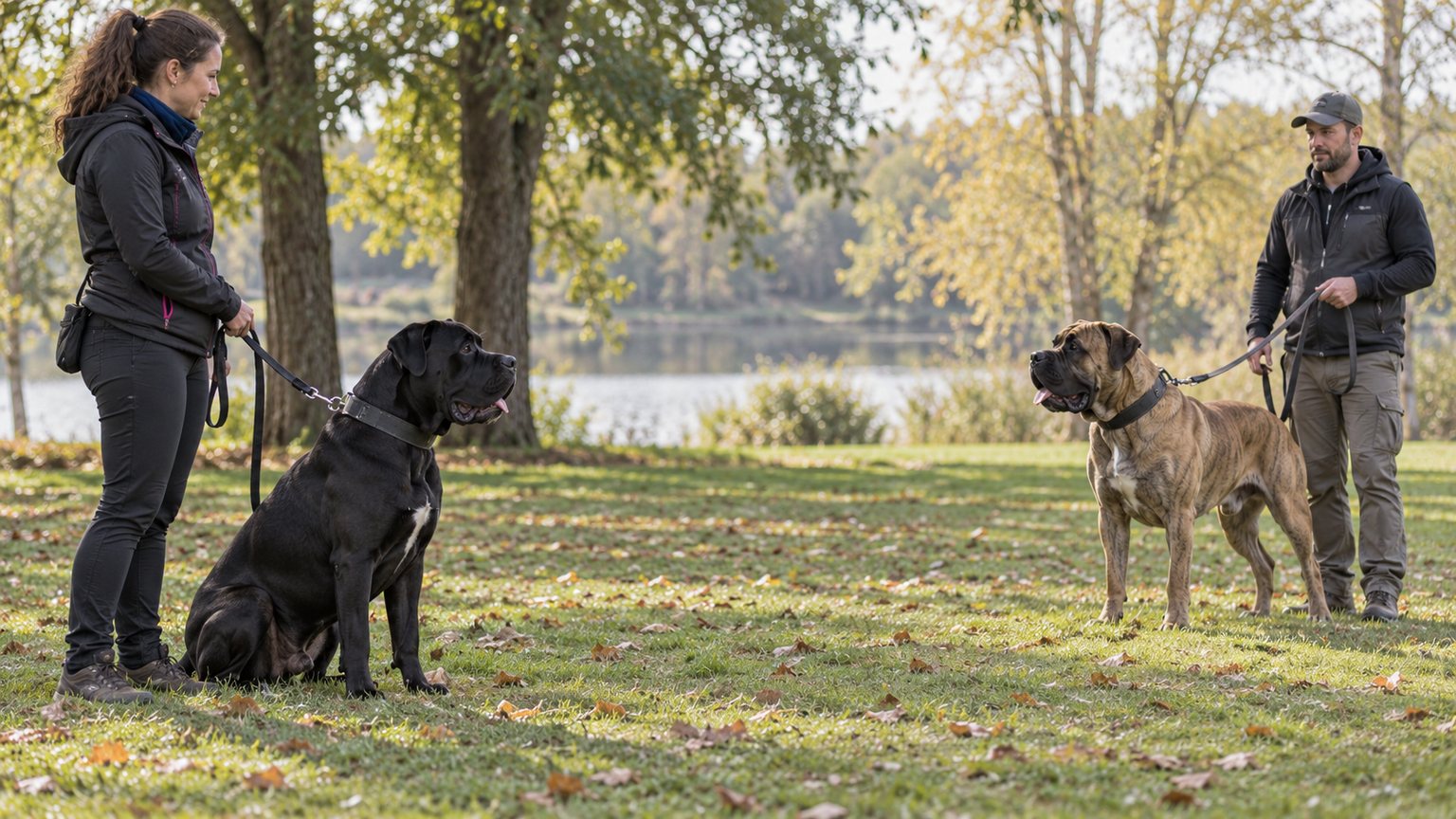 Séance de socialisation encadrée avec un Cane Corso et un Presa Canario